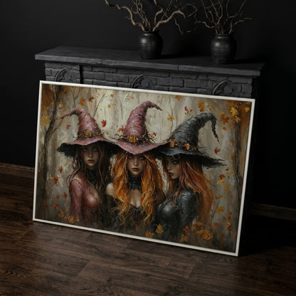 Enchanting Trio of Witches Canvas in white floating frame