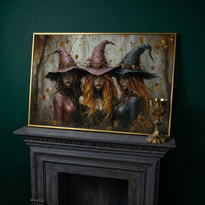 Enchanting Trio of Witches Canvas in yellow gold floating frame
