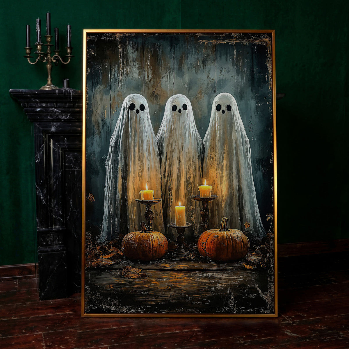 Spooky Ghosts with Candles Canvas Print in antique gold floating frame