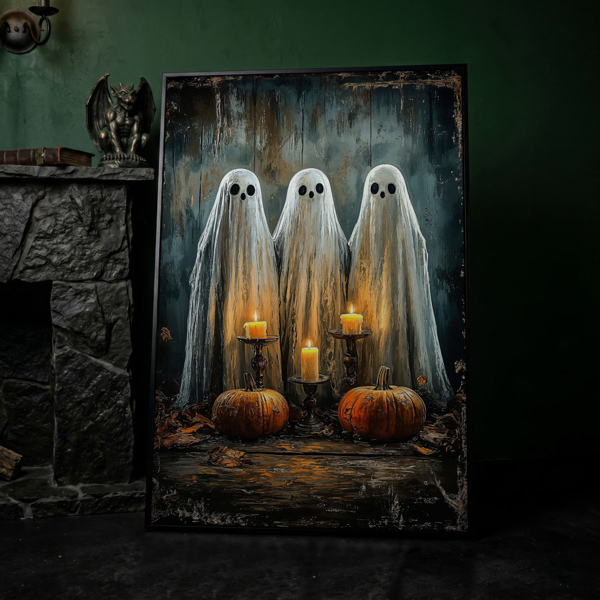 Spooky Ghosts with Candles Canvas Print in black floating frame