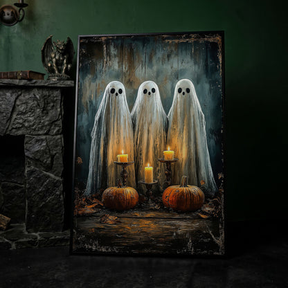 Spooky Ghosts with Candles Canvas Print in black floating frame