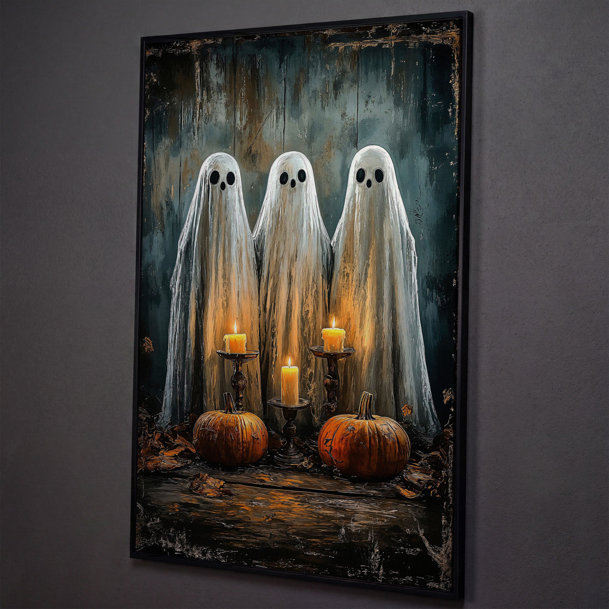Spooky Ghosts with Candles Canvas Print shown in black floating frame