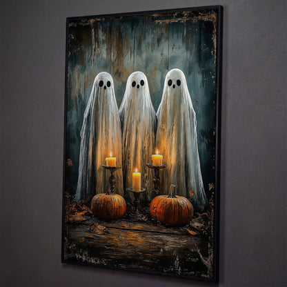 Spooky Ghosts with Candles Canvas Print shown in black floating frame