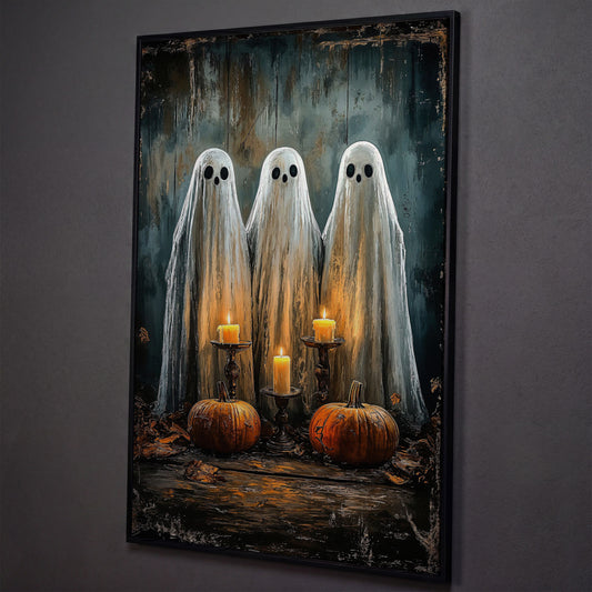 Spooky Ghosts with Candles Canvas Print shown in black floating frame