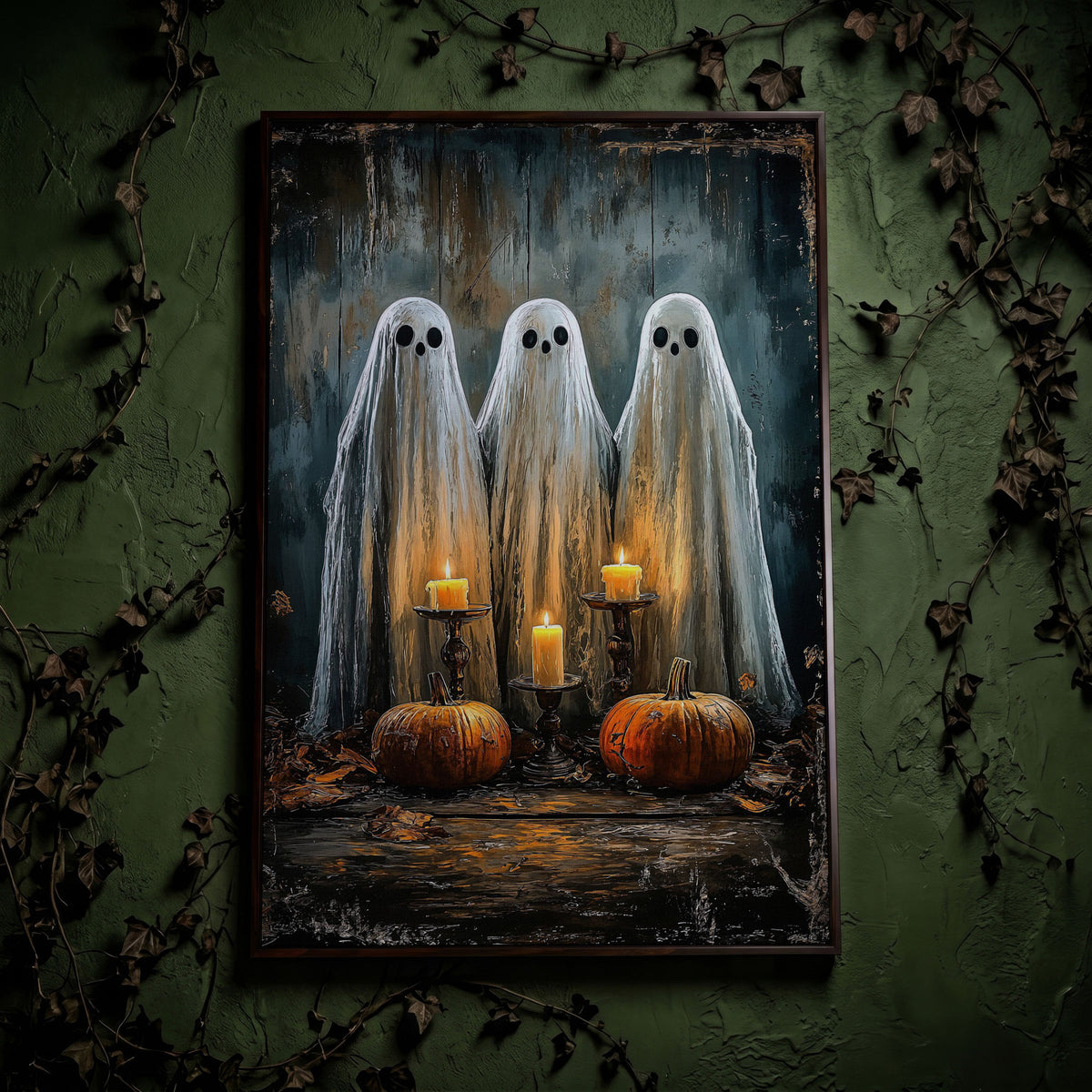 Spooky Ghosts with Candles Canvas Print in dark walnut floating frame