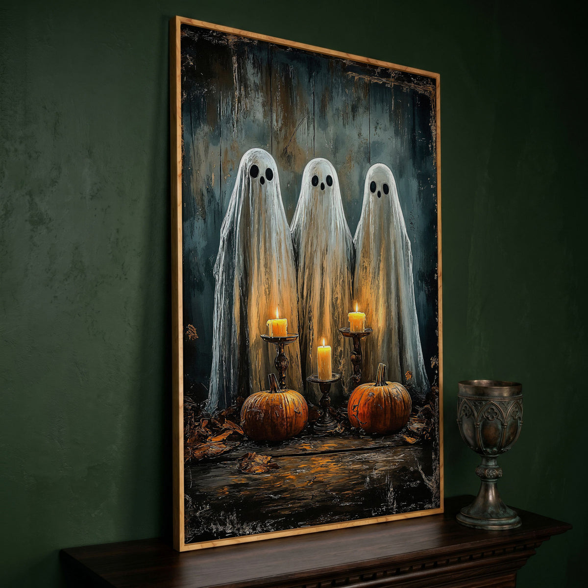 Spooky Ghosts with Candles Canvas Print in white oak floating frame