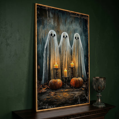 Spooky Ghosts with Candles Canvas Print in white oak floating frame