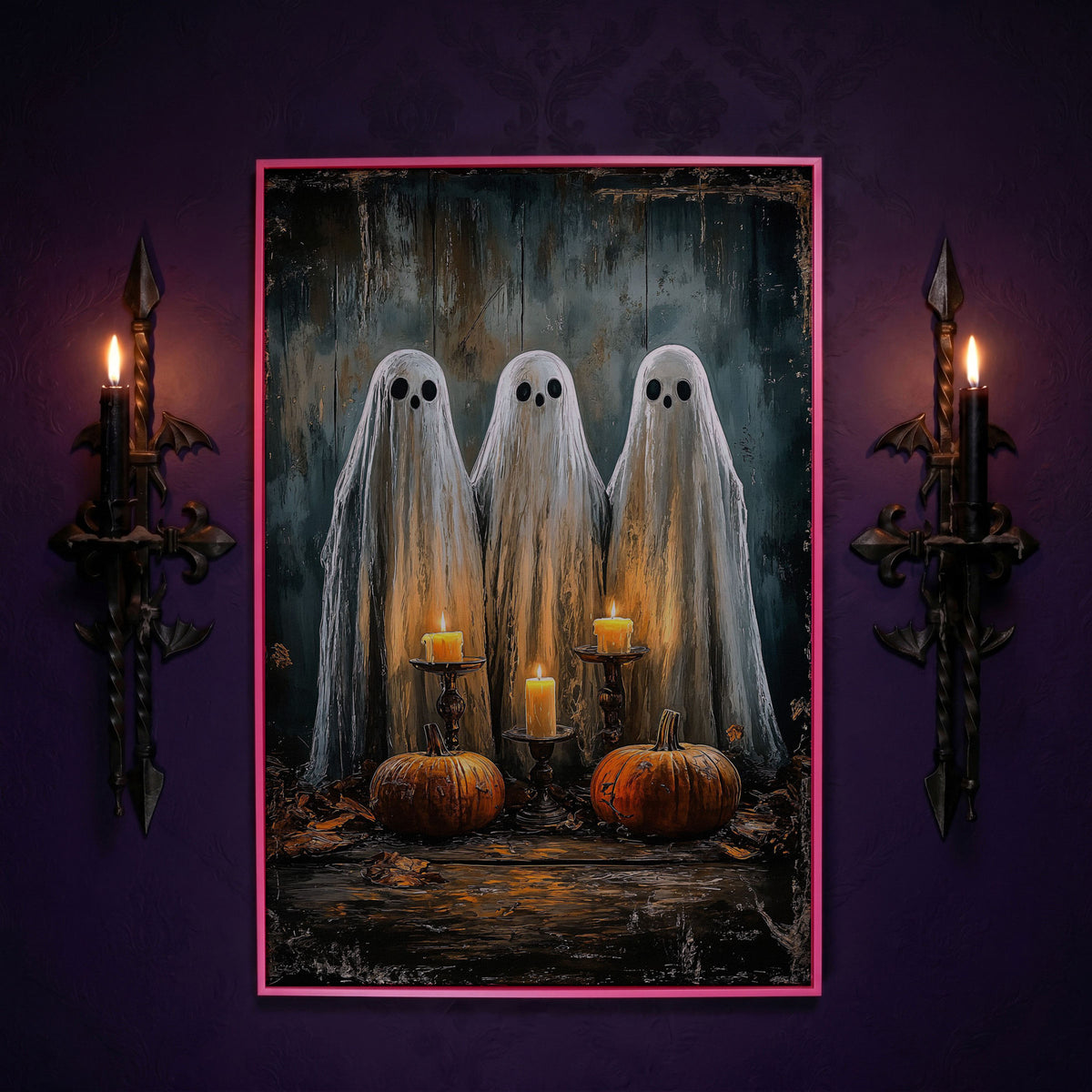 Spooky Ghosts with Candles Canvas Print in pink floating frame