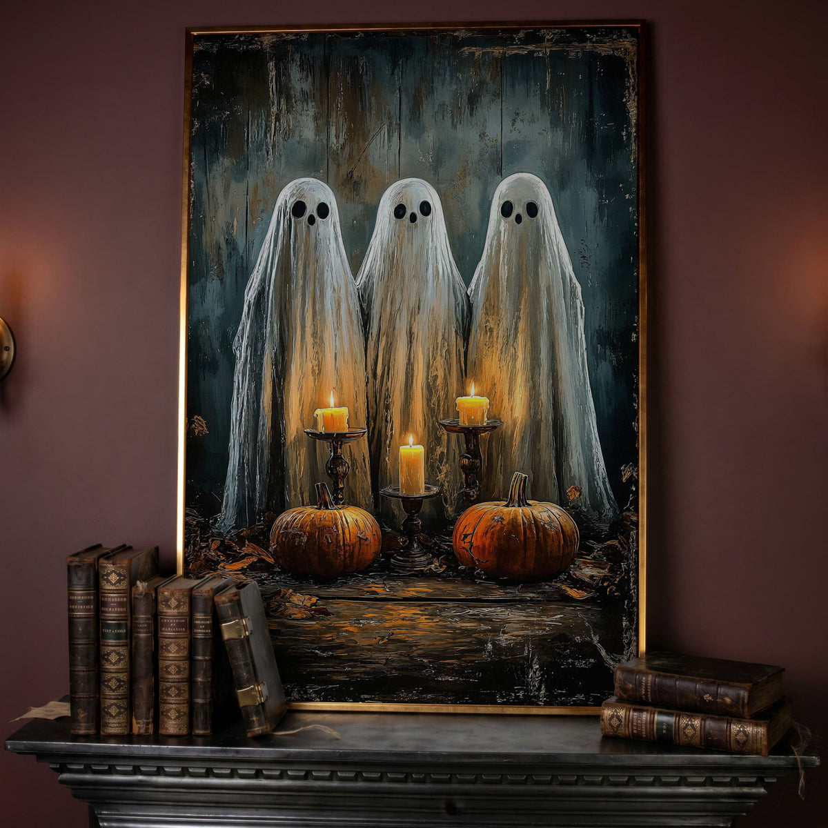 Spooky Ghosts with Candles Canvas Print in rose gold floating frame