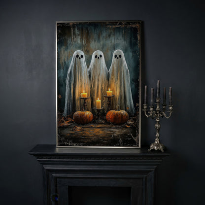 Spooky Ghosts with Candles Canvas Print in silver floating frame