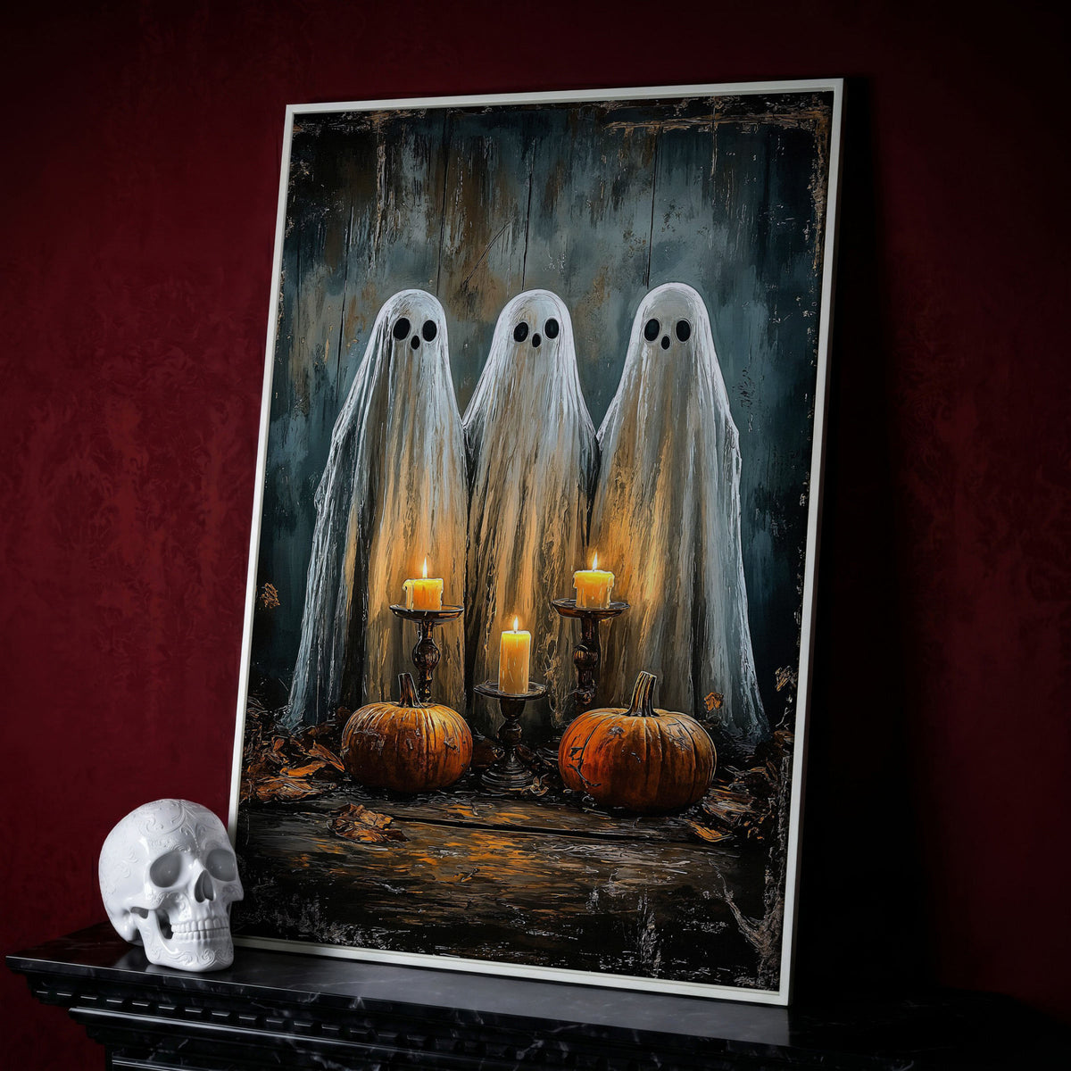 Spooky Ghosts with Candles Canvas Print in white floating frame