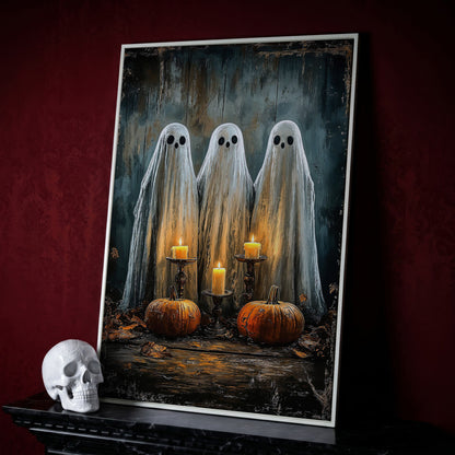 Spooky Ghosts with Candles Canvas Print in white floating frame