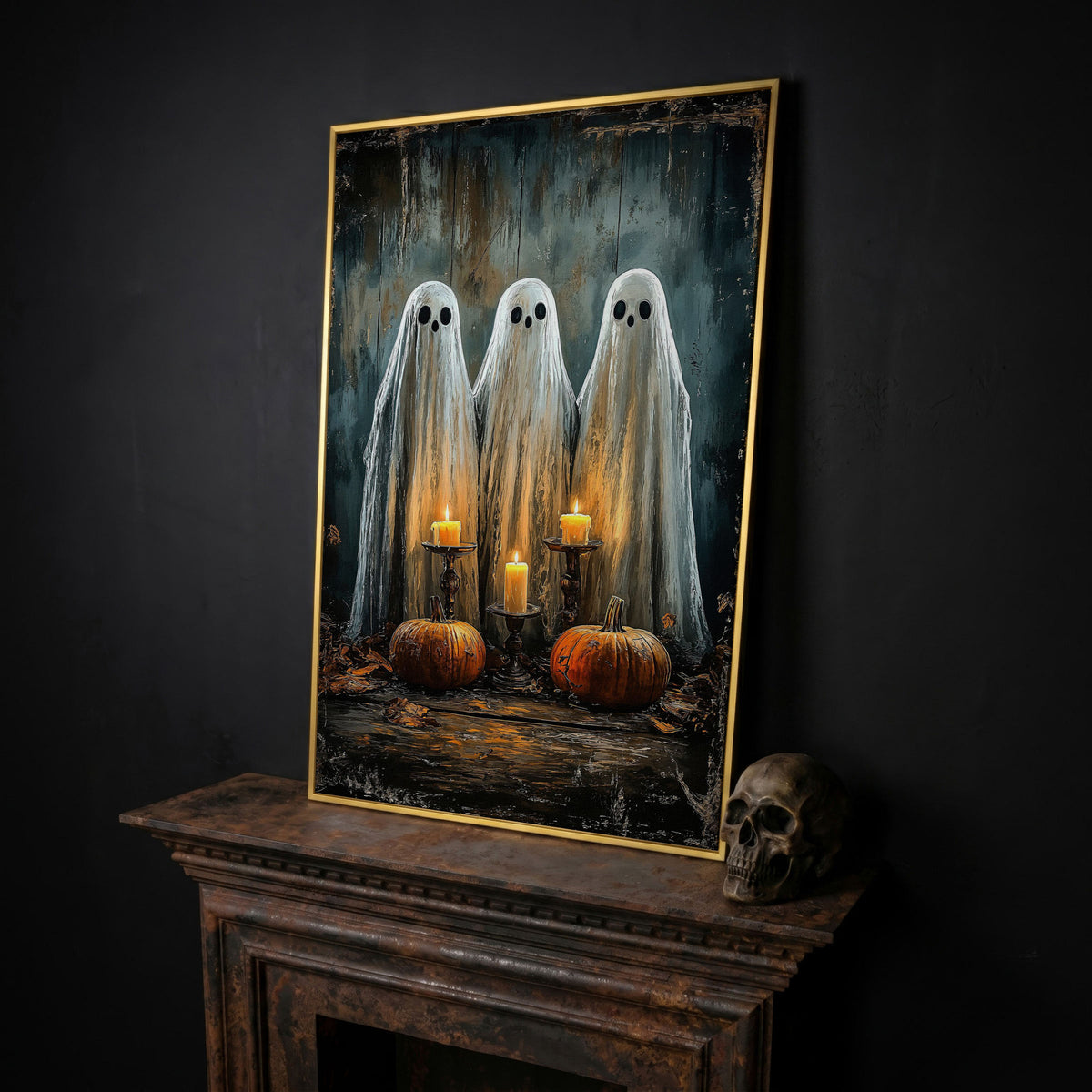 Spooky Ghosts with Candles Canvas Print in yellow gold floating frame