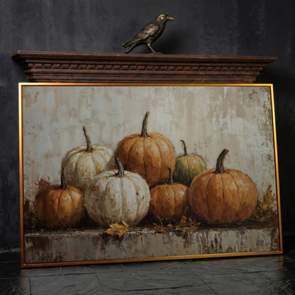 Vintage Pumpkins Still Life Canvas in antique gold floating frame