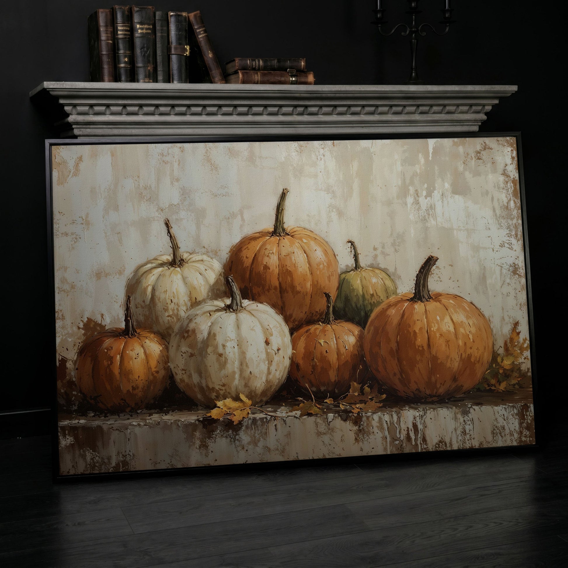 Vintage Pumpkins Still Life Canvas in black floating frame