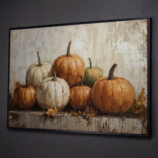 Vintage Pumpkins Still Life Canvas shown in black floating frame