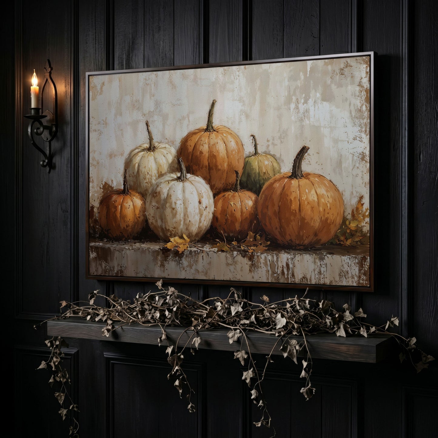 Vintage Pumpkins Still Life Canvas in dark walnut floating frame