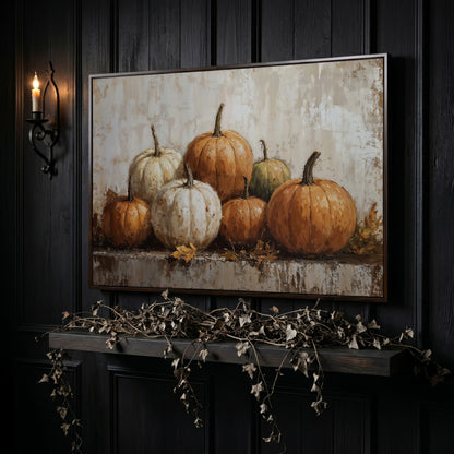 Vintage Pumpkins Still Life Canvas in dark walnut floating frame