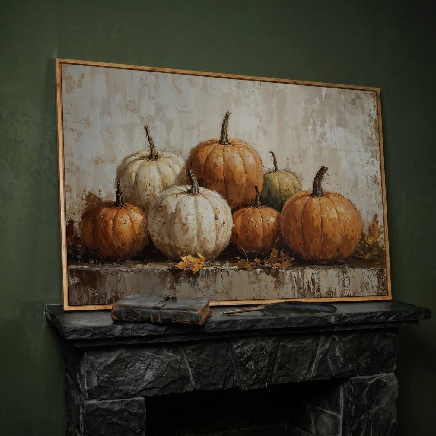 Vintage Pumpkins Still Life Canvas in white oak floating frame