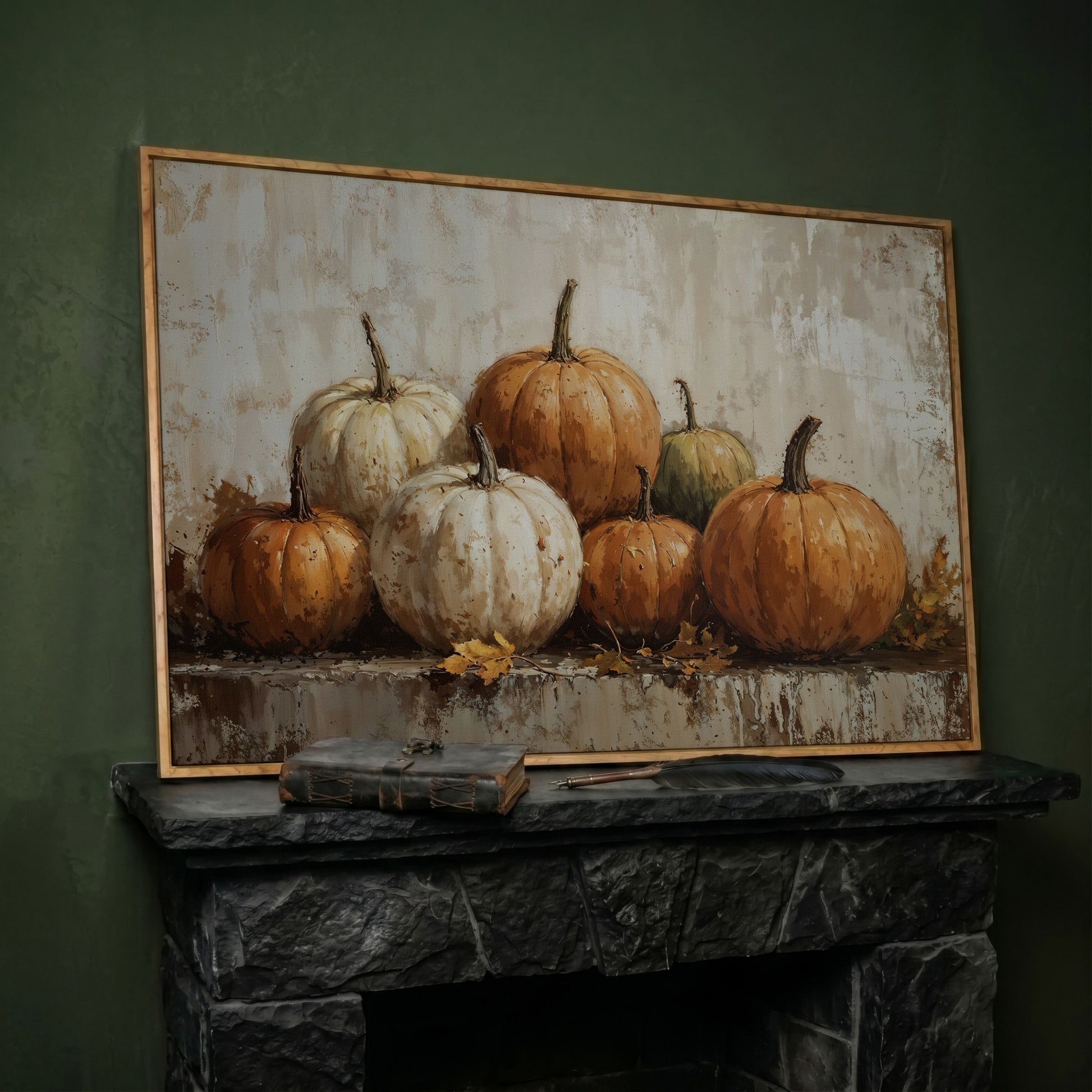 Vintage Pumpkins Still Life Canvas in white oak floating frame