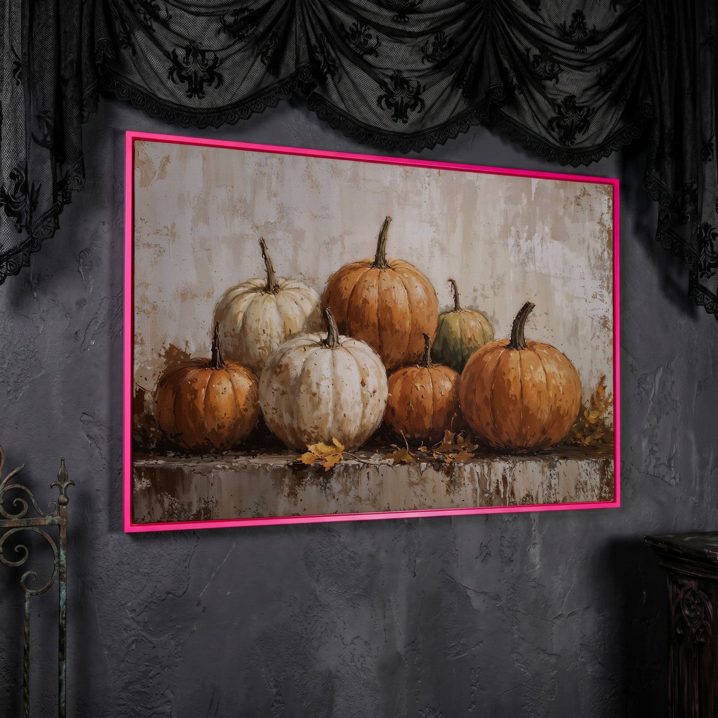 Vintage Pumpkins Still Life Canvas in pink floating frame