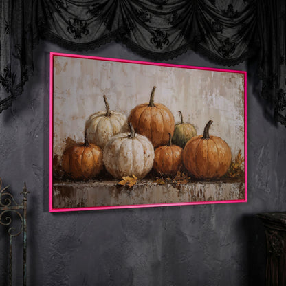 Vintage Pumpkins Still Life Canvas in pink floating frame