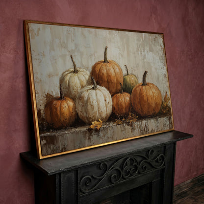 Vintage Pumpkins Still Life Canvas in rose gold floating frame