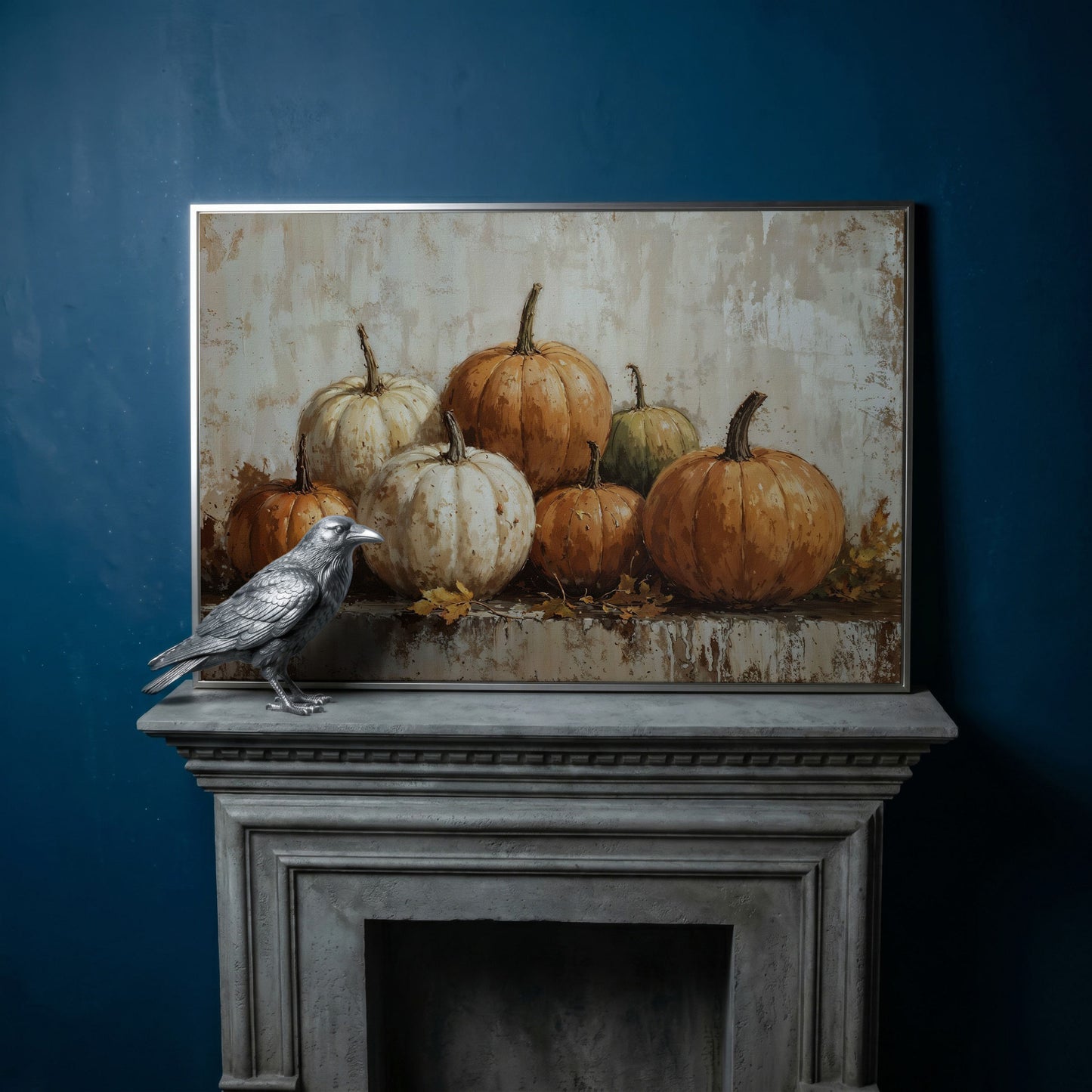 Vintage Pumpkins Still Life Canvas in silver floating frame