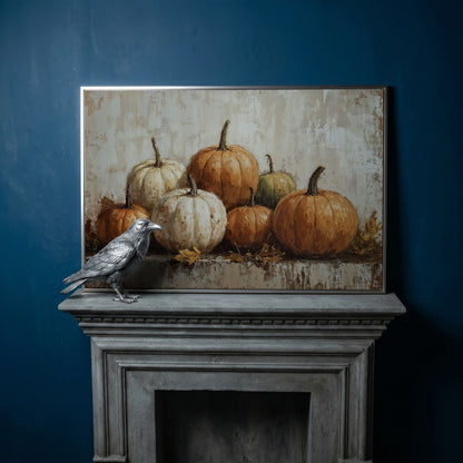 Vintage Pumpkins Still Life Canvas in silver floating frame