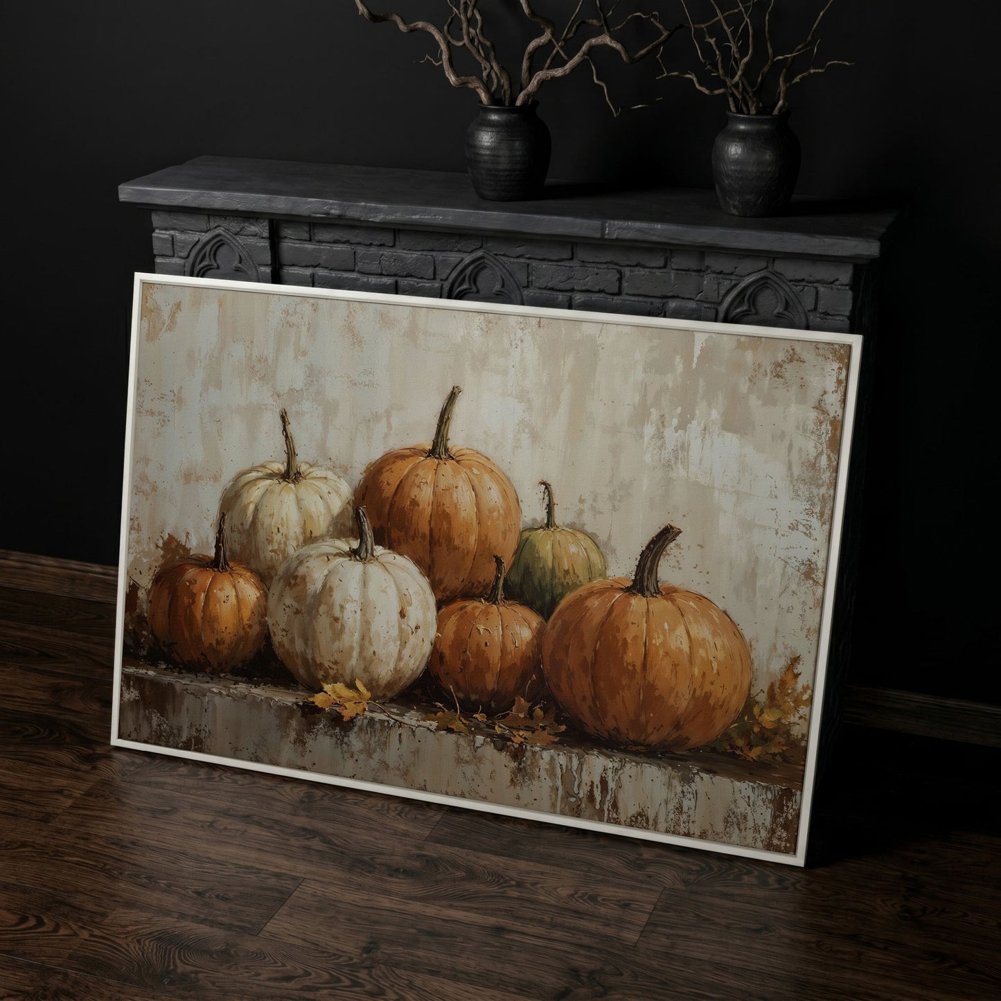 Vintage Pumpkins Still Life Canvas in white floating frame