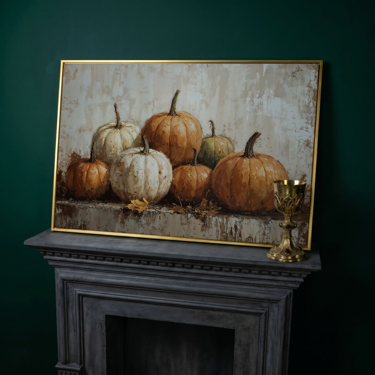 Vintage Pumpkins Still Life Canvas in yellow gold floating frame