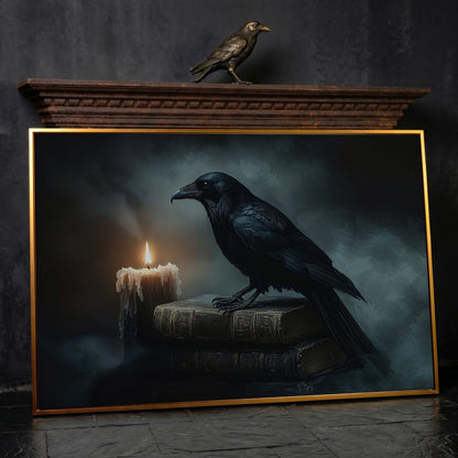 Raven and Candle Canvas Art for Gothic Interiors in antique gold floating frame
