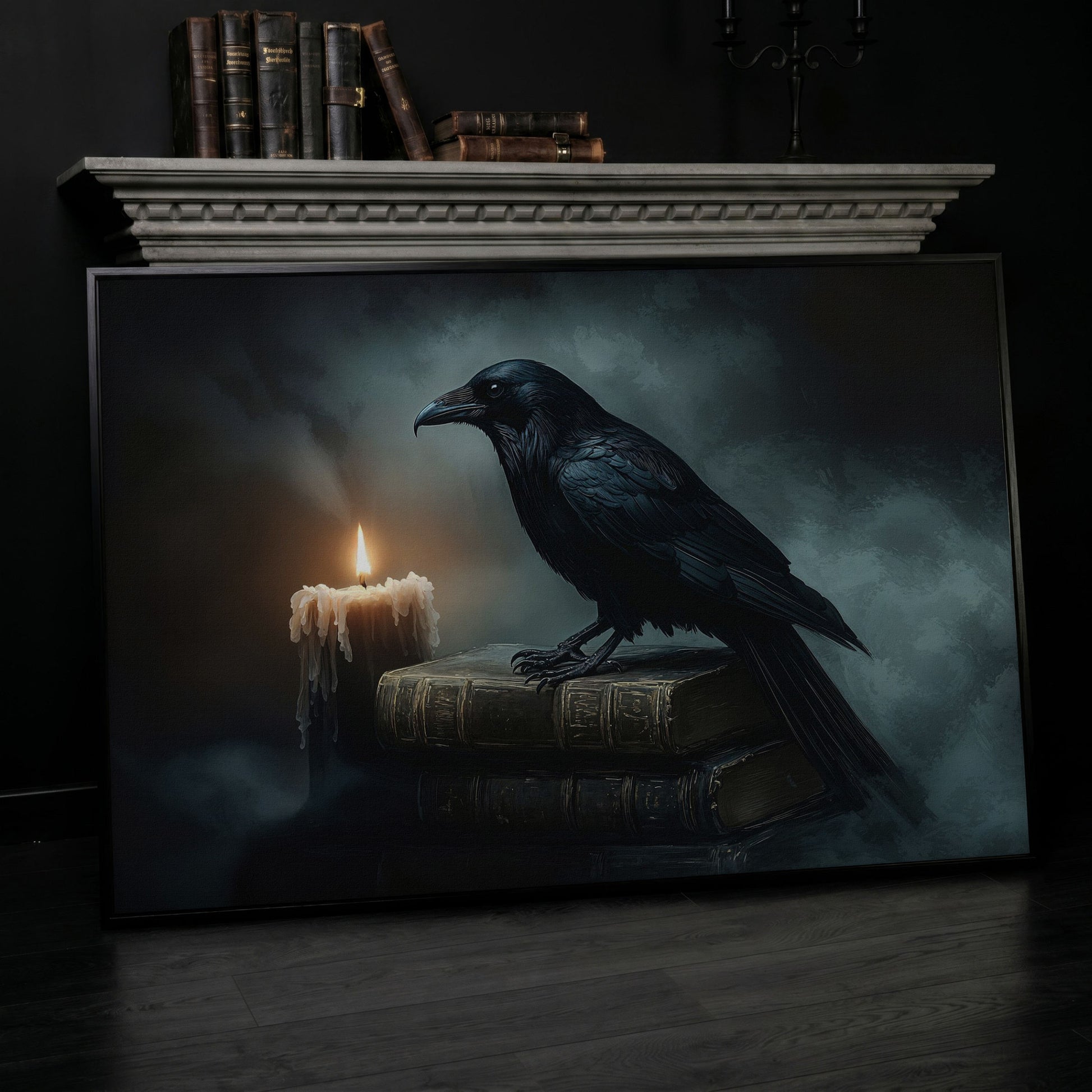 Raven and Candle Canvas Art for Gothic Interiors in black floating frame