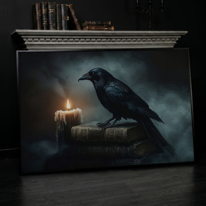 Raven and Candle Canvas Art for Gothic Interiors in black floating frame