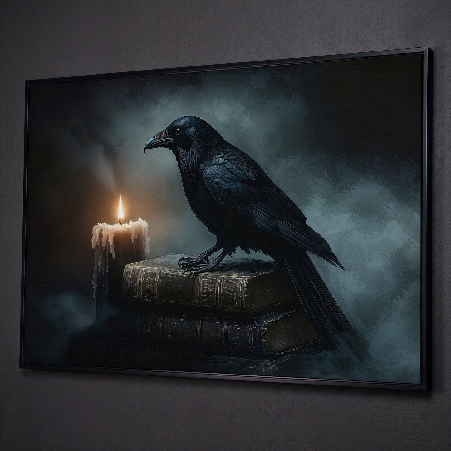 Raven and Candle Canvas Art for Gothic Interiors shown in black floating frame