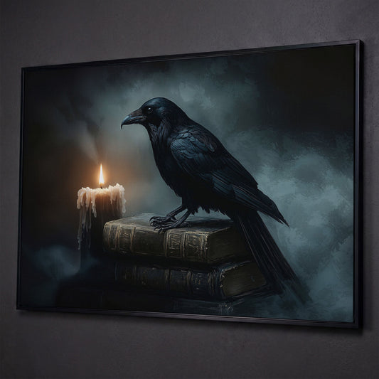Raven and Candle Canvas Art for Gothic Interiors shown in black floating frame