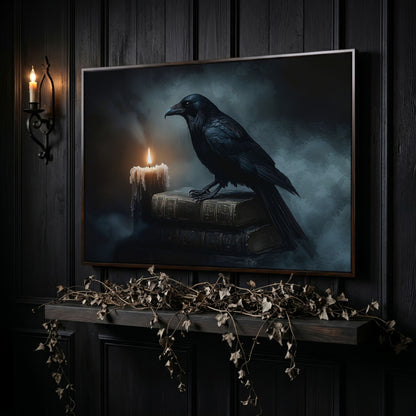 Raven and Candle Canvas Art for Gothic Interiors in dark walnut floating frame
