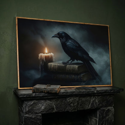 Raven and Candle Canvas Art for Gothic Interiors in white oak floating frame