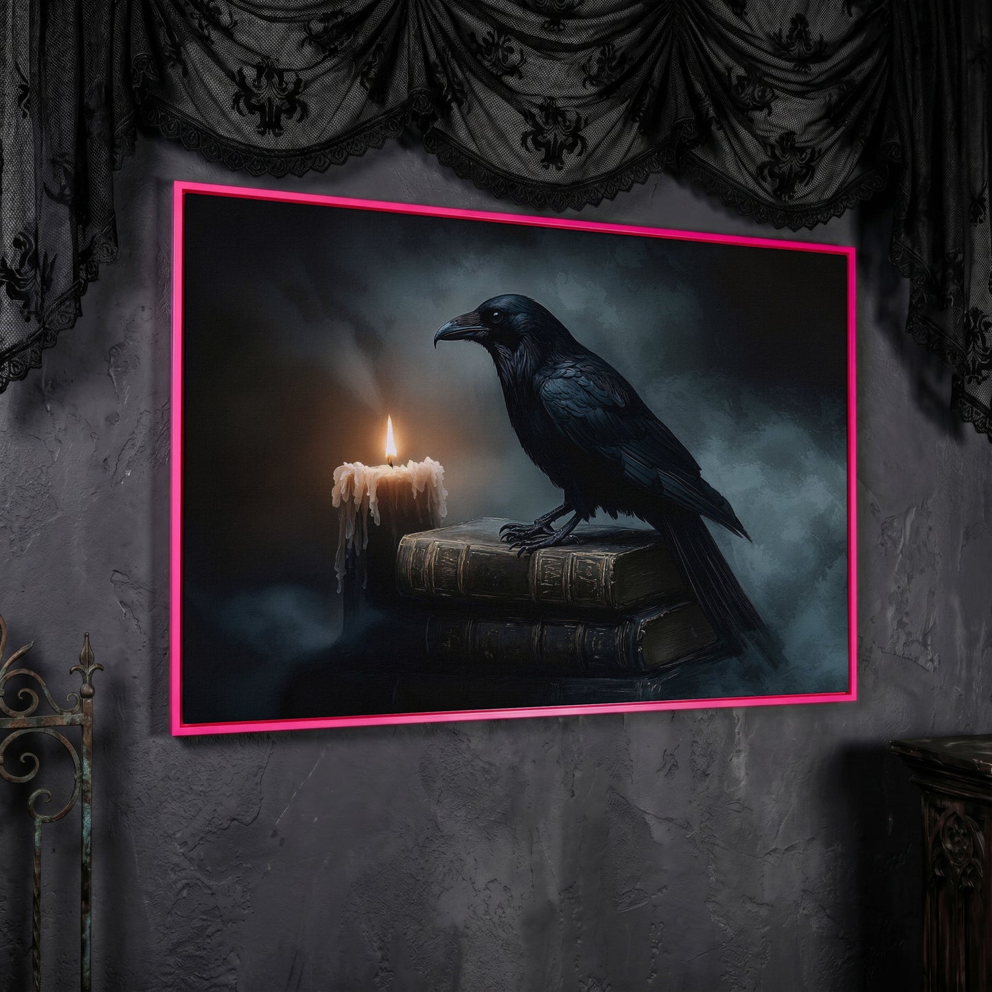 Raven and Candle Canvas Art for Gothic Interiors in pink floating frame