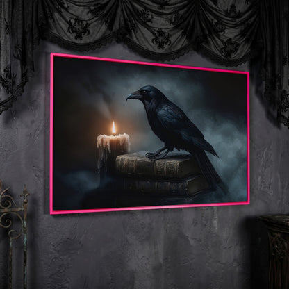 Raven and Candle Canvas Art for Gothic Interiors in pink floating frame