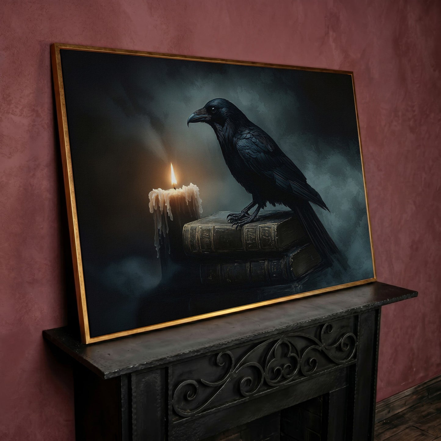 Raven and Candle Canvas Art for Gothic Interiors in rose gold floating frame
