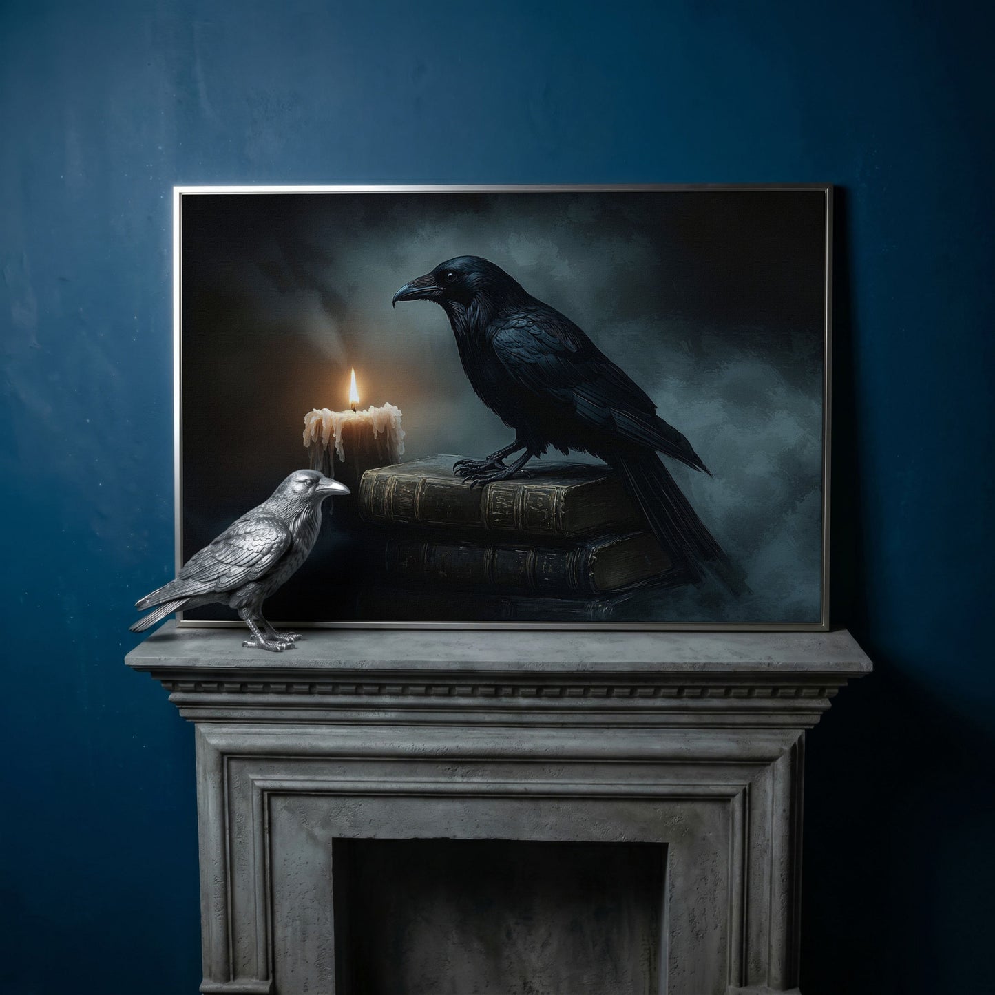 Raven and Candle Canvas Art for Gothic Interiors in silver floating frame