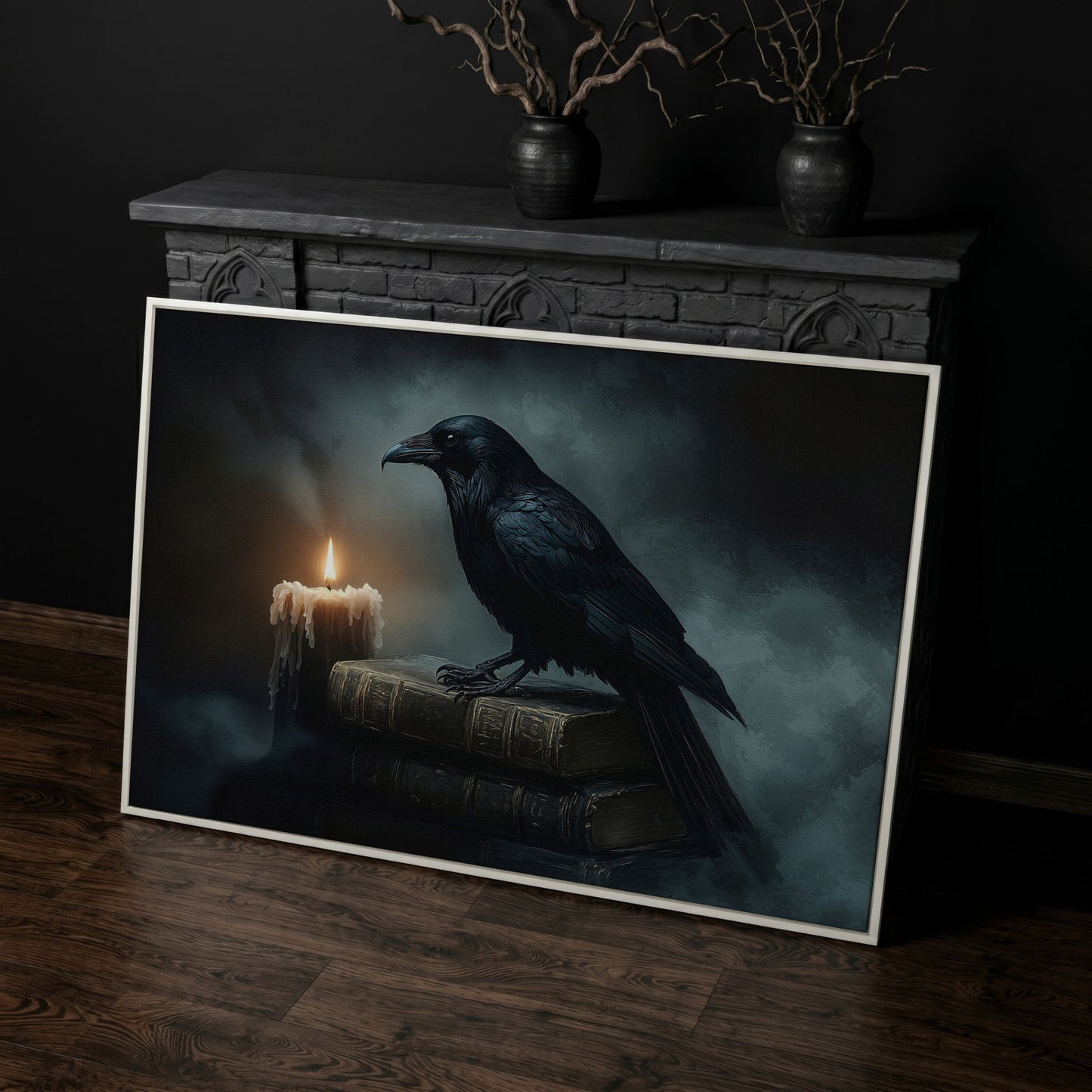 Raven and Candle Canvas Art for Gothic Interiors in white floating frame