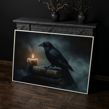 Raven and Candle Canvas Art for Gothic Interiors in white floating frame