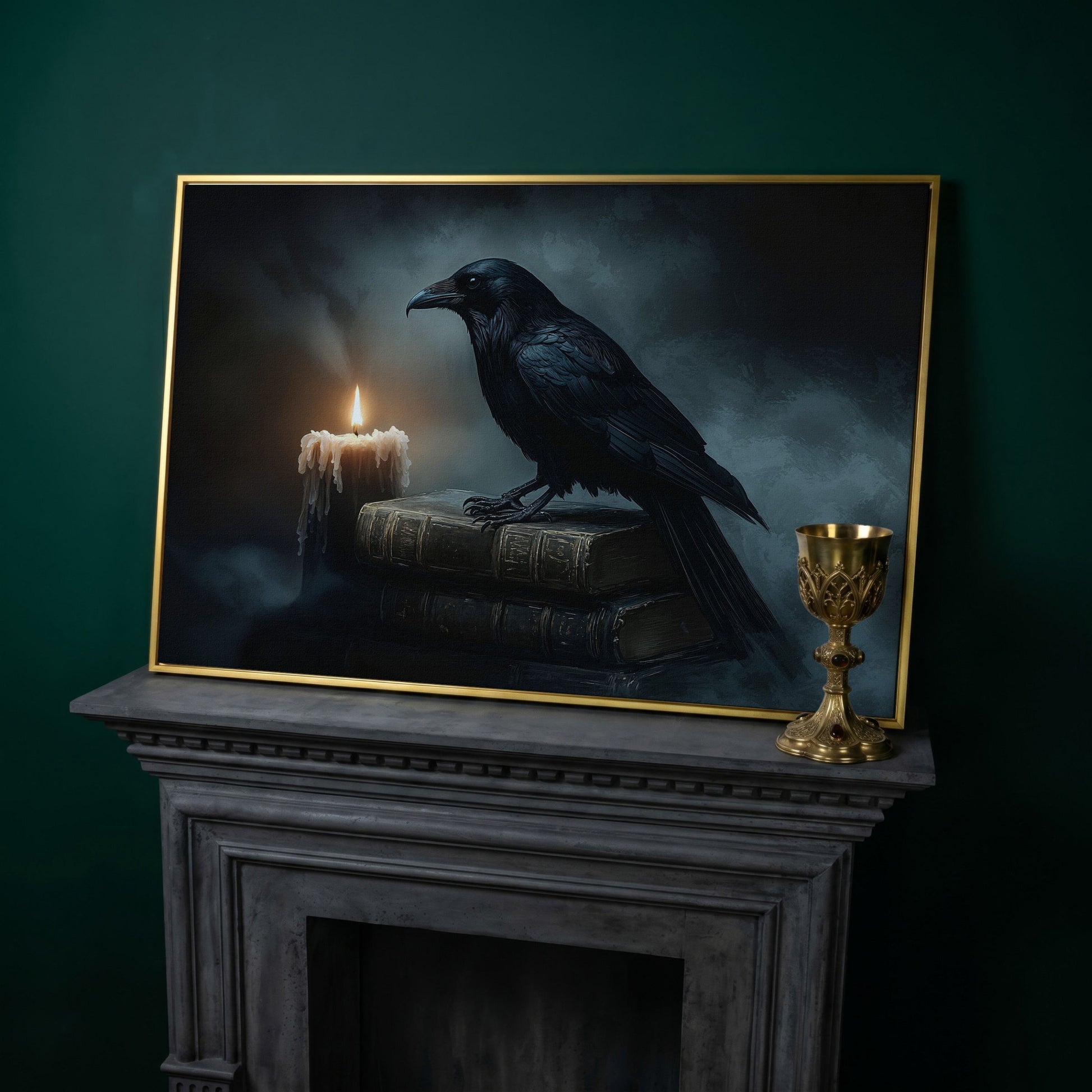 Raven and Candle Canvas Art for Gothic Interiors in yellow gold floating frame
