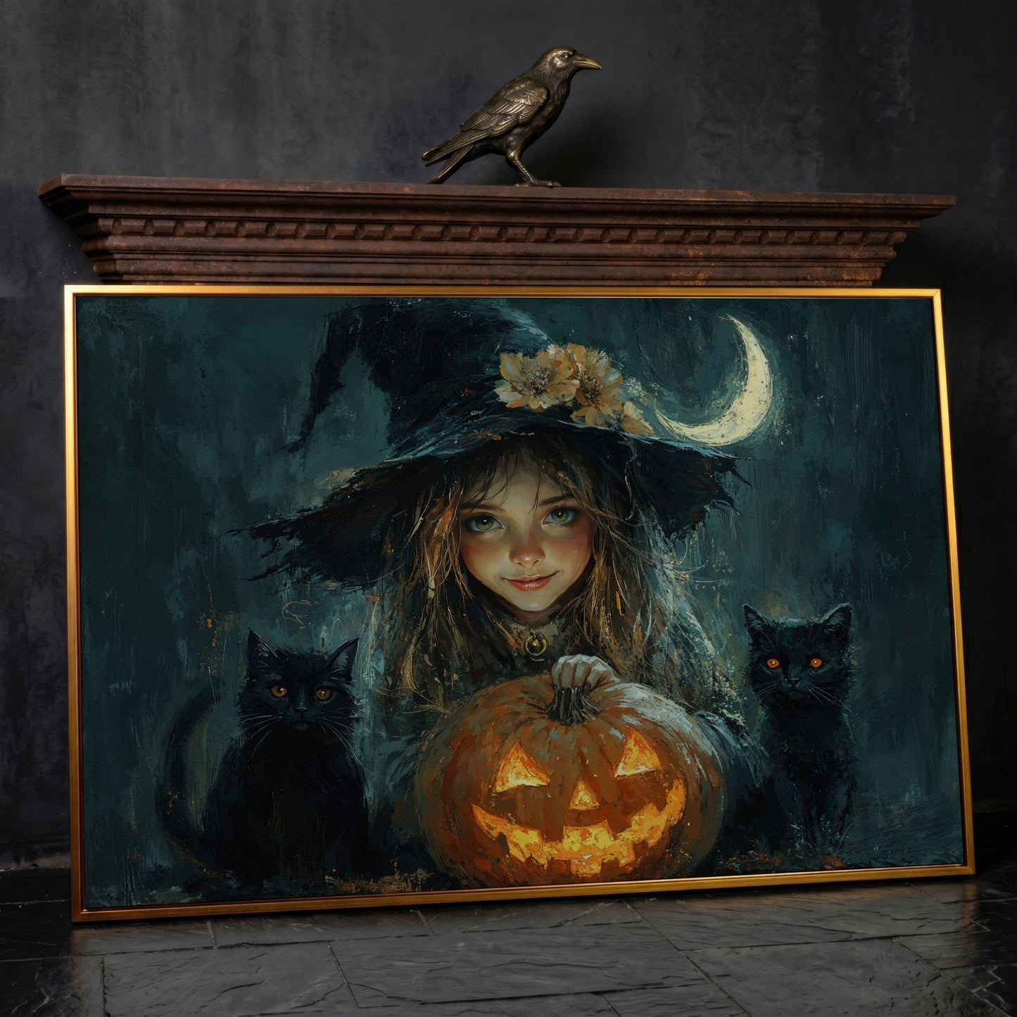Cute Witch with Black Cats Halloween Canvas in antique gold floating frame