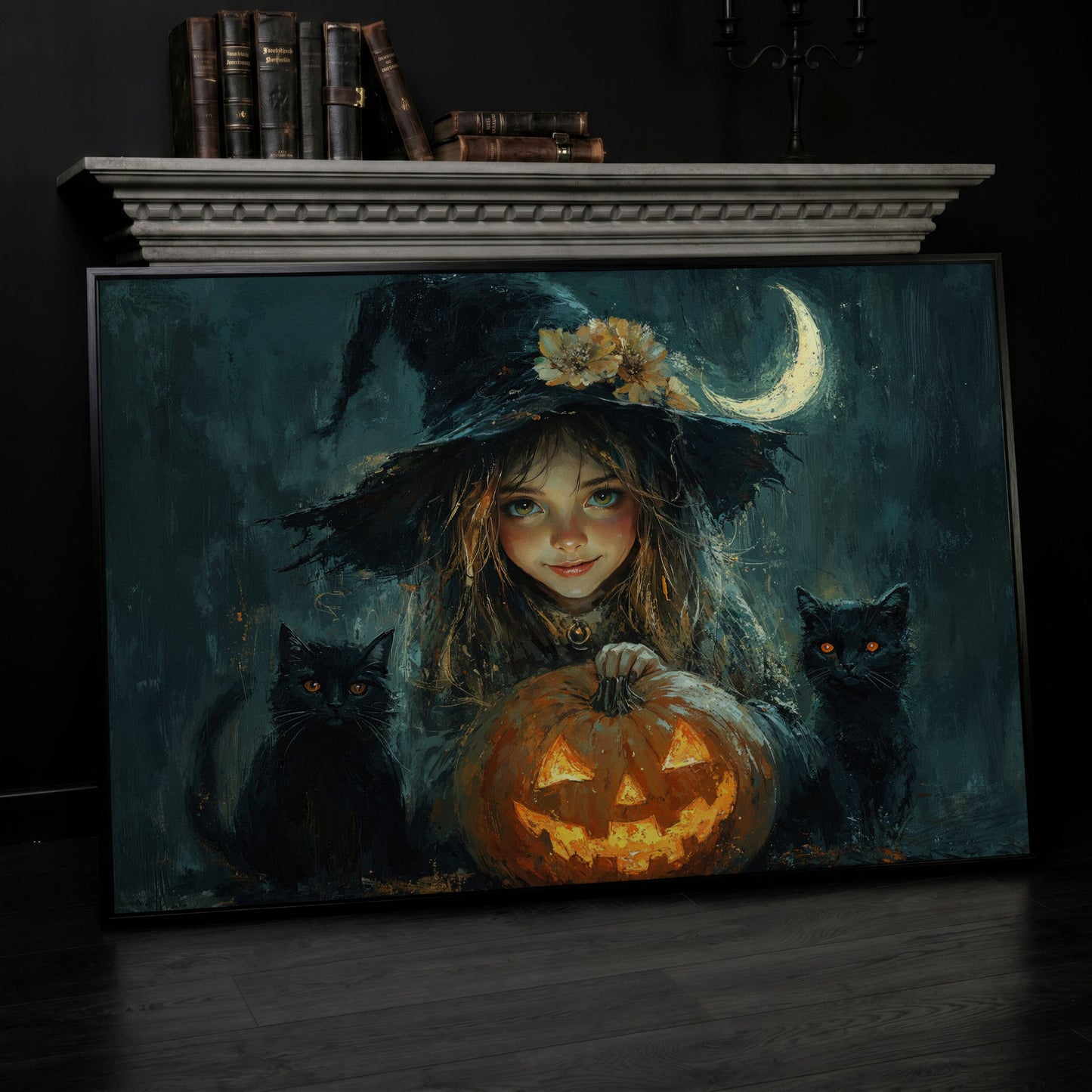 Cute Witch with Black Cats Halloween Canvas in black floating frame