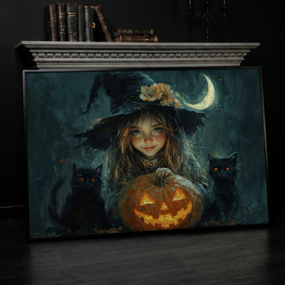 Cute Witch with Black Cats Halloween Canvas in black floating frame