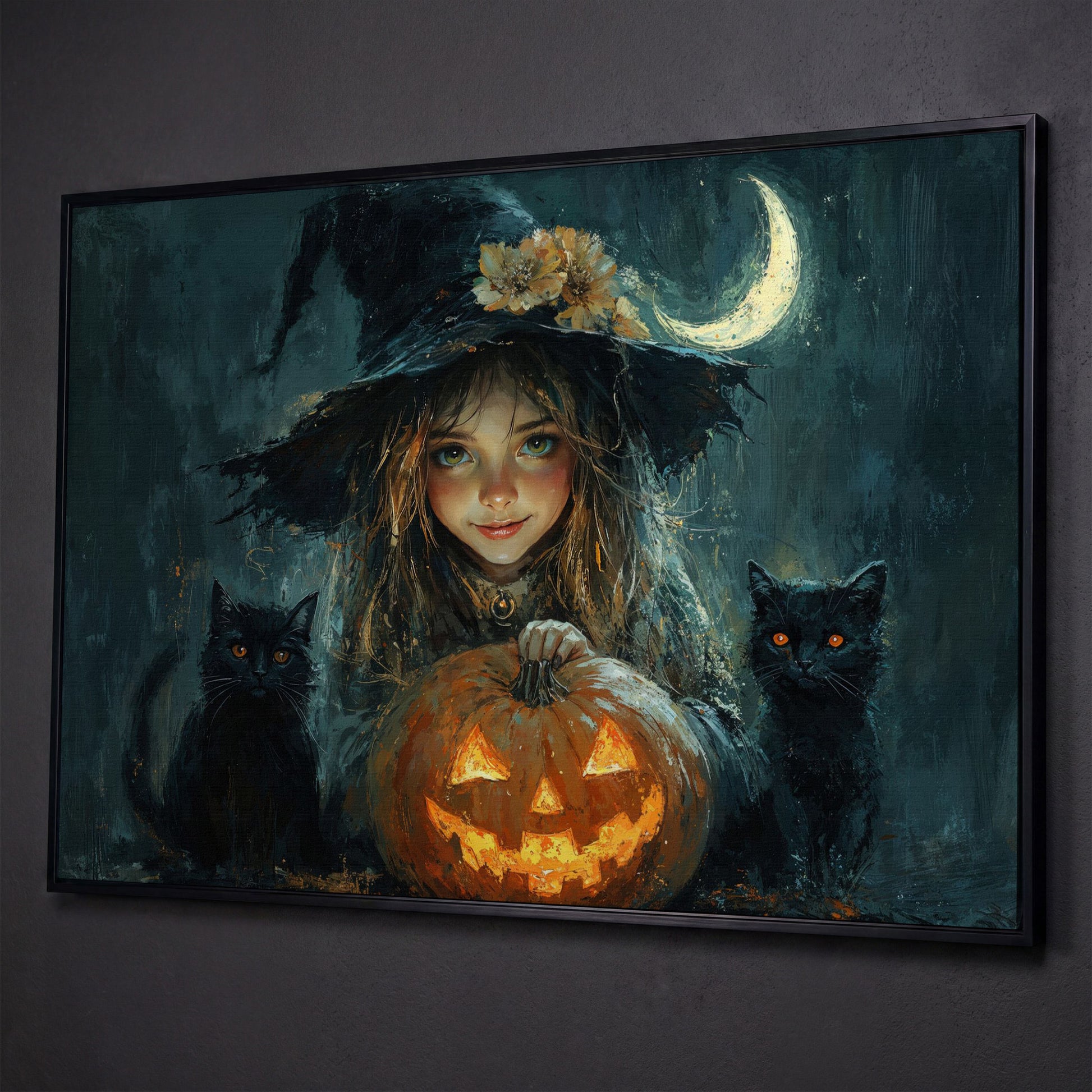 Cute Witch with Black Cats Halloween Canvas shown in black floating frame