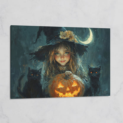 Cute Witch with Black Cats Halloween Canvas on gallery wrap